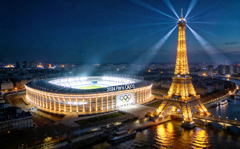 2024年巴黎奥运会主场馆法兰西体育场及埃菲尔铁塔夜景
